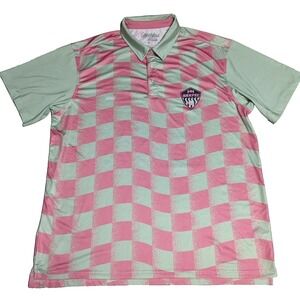 BREAKFAST BALLS TEA TIME CITY Men Size XL Green Pink Checkered Polo Shirt